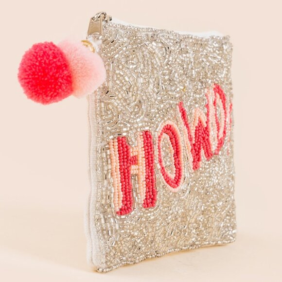 Howdy Western Cowgirl Silver Sparkle Beaded Pouch Wallet Bag Pink NEW Gift NWT - Picture 2 of 5